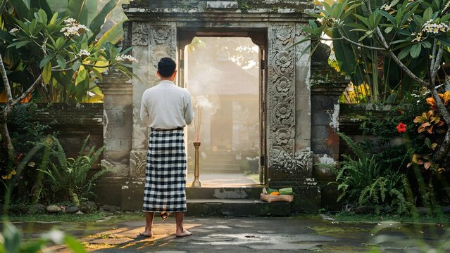 Man in Traditional Poleng Sarong Standing in Prayer Before Ornate Stone Temple Gate at Sunrise