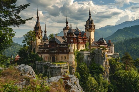 Majestic peles castle perched on a cliff in the carpathian mountains, a breathtaking view of romanian architecture