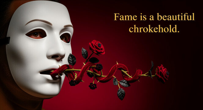 White mask with thorny rose vine emerging from the mouth. Artistic concept of the fame is a beautiful chokehold quote on red. Surreal theme exploring celebrity success and pain for social media.