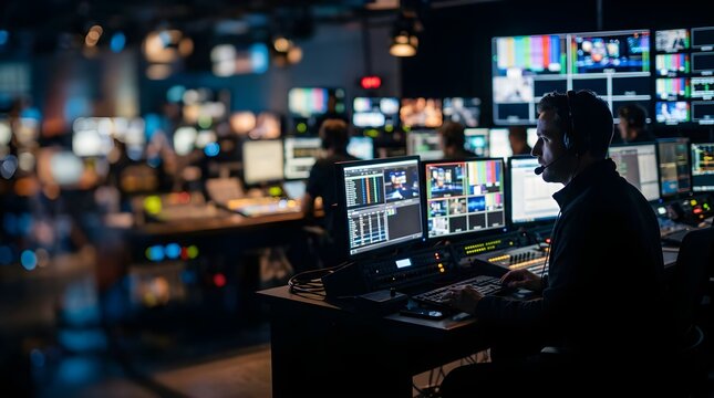 Professional television director working in a dark broadcast control room