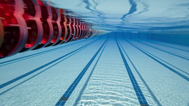 Underwater perspective of lane marker rope in empty professional swimming pool.