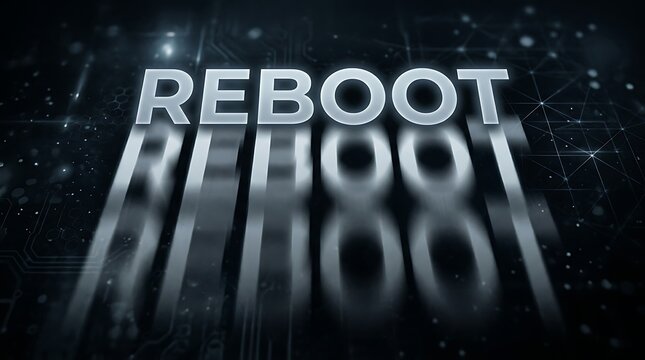 Metallic Reboot text sign with reflective floor effect on a dark background