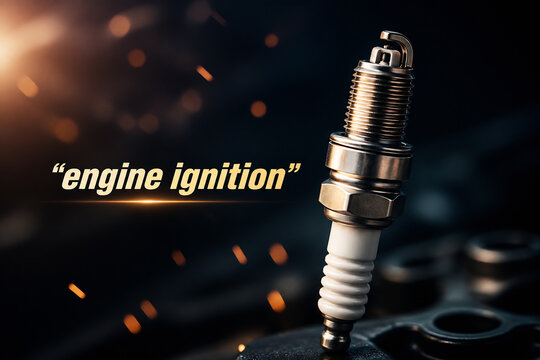 A spark plug is shown against a dark, fiery background with the text "engine ignition".