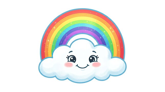 Cute smiling cartoon rainbow cloud character icon isolated on white background kids vector illustration concept