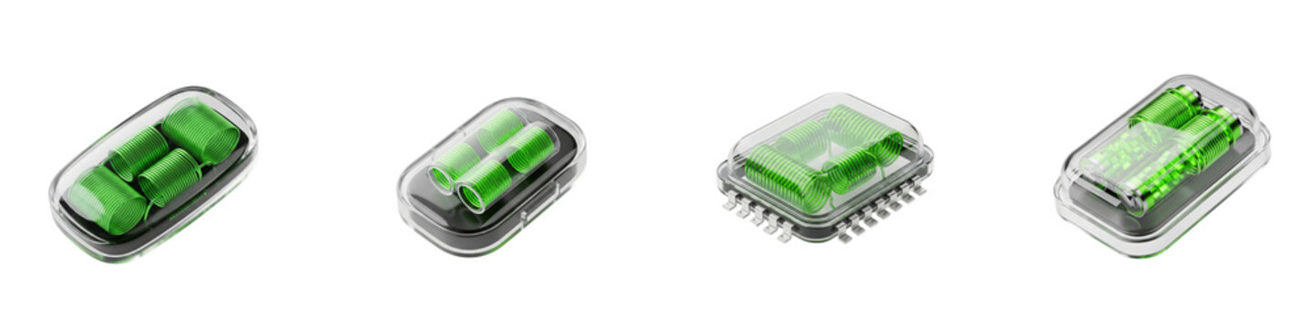 Four futuristic electronic components with green copper coils and glass