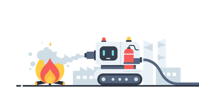 A modern flat minimal digital vector graphic showcasing an autonomous ai fire fighting robot extinguishing a burning flame in an industrial factory setting today