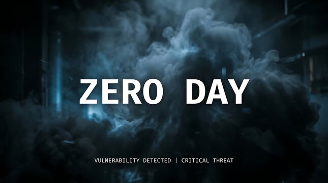 Zero day vulnerability detected warning text on a dark smoky background