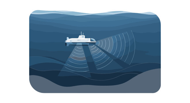 Modern submarine exploring deep ocean floor using advanced ai sonar technology for underwater mapping in a soft flat minimal illustration style with solid colors