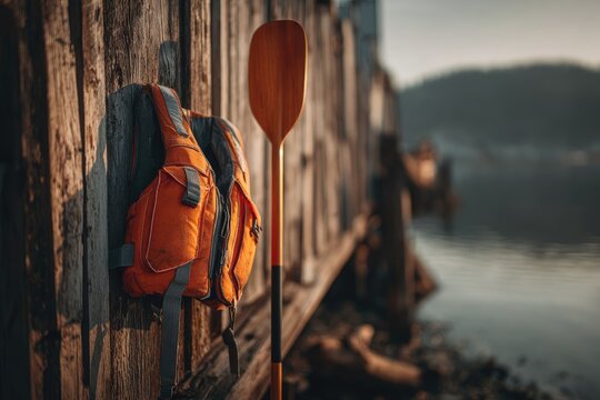 Orange life jacket and wooden paddle leaning on a weathered dock by water