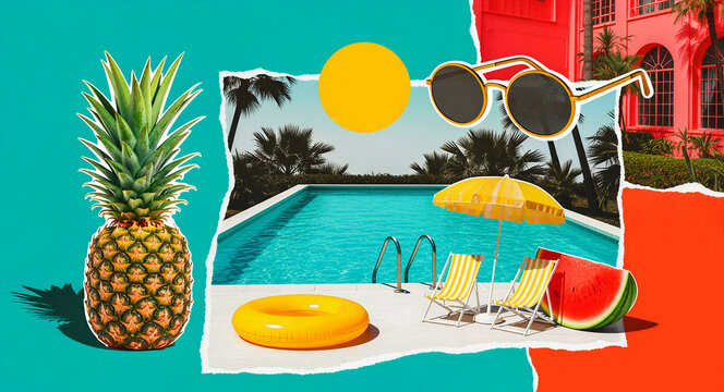 Vibrant summer collage with swimming pool, pineapple, and vacation elements. Retro aesthetic with deck chairs, sunglasses, and watermelon. Seasonal travel concept for advertising.