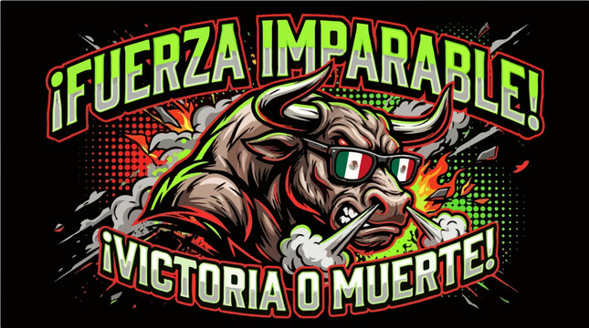 Powerful Mexican Bull Vector Illustration with Fuerza Imparable Victoria O Muerte Slogan
