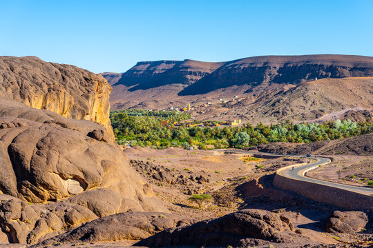 Visitors explore Fint Oasis in the mountains close to Ouarzazate, Morocco. The rocky landscape contrasts with green palm trees in the valley below. The sun shines in the clear sky.