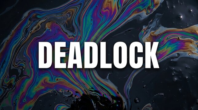 Deadlock word sign with a dark abstract oil spill colorful liquid background