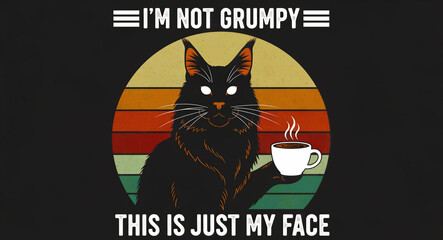 Obraz premium Grumpy black cat holding a steaming coffee cup against a retro sunset. Funny quote illustration about morning mood and facial expressions. Humorous animal design for t-shirt prints and web memes.