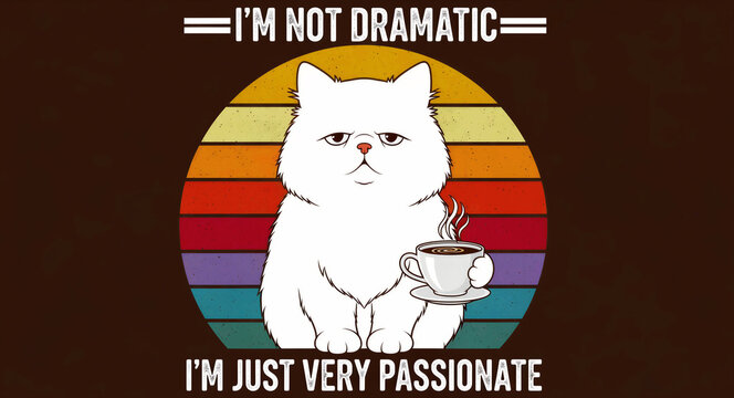 Illustration of a grumpy white cat holding a coffee cup against a retro sunset background. Graphic features humorous text in a vintage style. Funny feline concept ideal for apparel and merchandise.