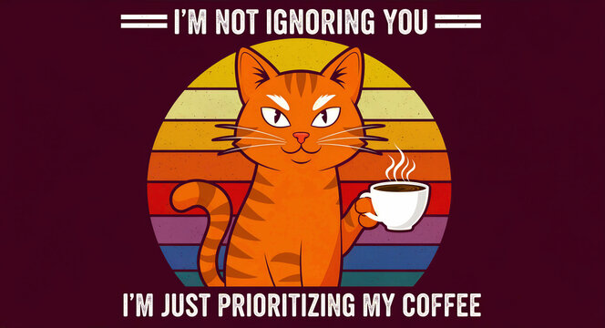 Funny orange cat holding a steaming cup of coffee against a retro sunset. Humorous graphic illustration about prioritizing caffeine. Sarcastic concept for cat lovers, apparel, and social media.