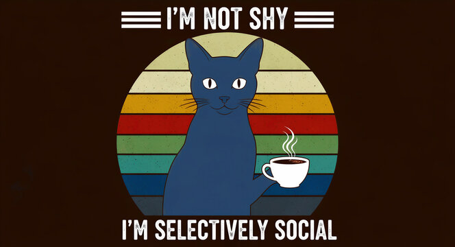 Blue cat holding coffee in front of a retro vintage sunset illustration. Graphic features witty text about being selectively social and introverted. Perfect for apparel and social media content.