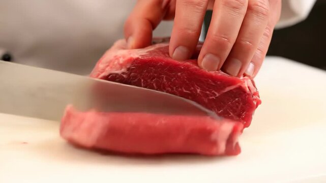 Hands touch fresh beef ingredients, chef cuts fresh beef chunks