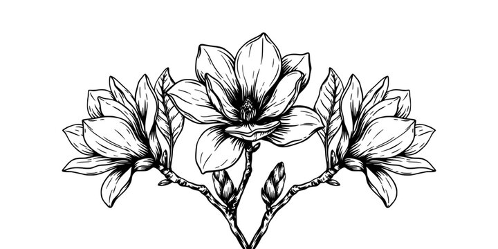 Magnolia Flowers in a Symmetrical Composition with Detailed Petals and Stems Featuring Botanical, Illustration, Floral with Nature and Plant Elements
