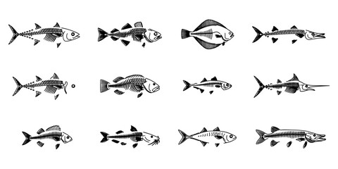 Fototapeta premium Fish Skeletons Illustrated in Black and White with Detailed Anatomical Features Featuring Skeleton, Illustration, Vector with Bones and Marine Life