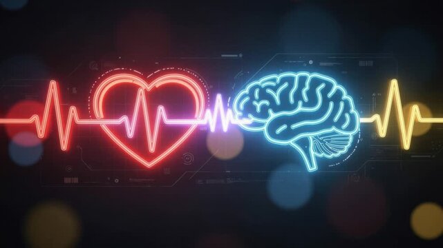 Neon heart and brain connected by heartbeat line glowing medical concept health and wellness background