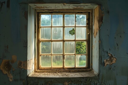 Sunlight streaming through a broken window in an abandoned house with peeling paint, evoking a sense of decay and neglect