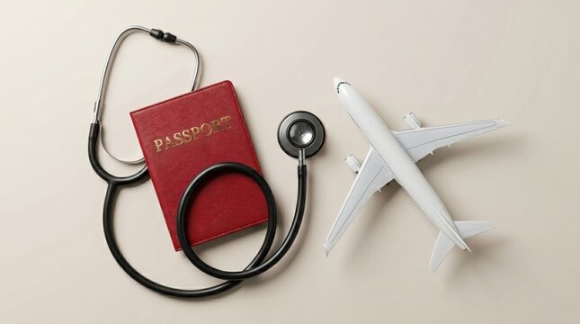 Passport, stethoscope and airplane symbolizing travel health insurance, international medical coverage, medical assistance abroad, trip protection, and safe travel