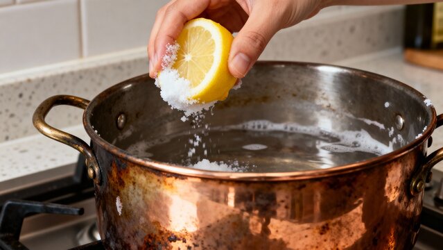 A hand delicately squeezes a fresh lemon over a pot of boiling water, releasing citrusy aromas. Sea salt is sprinkled in, enhancing the cooking process in a warm kitchen setting.