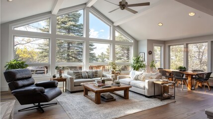 Naklejka premium Spacious, airy living room with large windows, natural light, and forest views