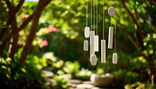 Serene white wind chimes gently sway in a sun-dappled garden, a peaceful moment