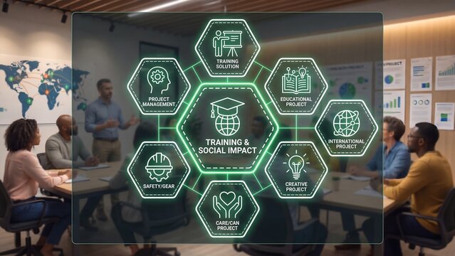 Training and Social Impact Concept with Hexagonal Icons for Educational Project Management and International Development