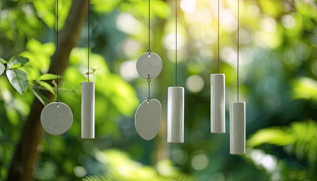 Delicate chimes hang amidst lush green foliage with dappled sunlight