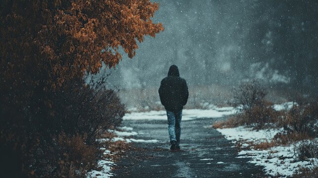 Lone figure walks on snowy path surrounded by autumn foliage