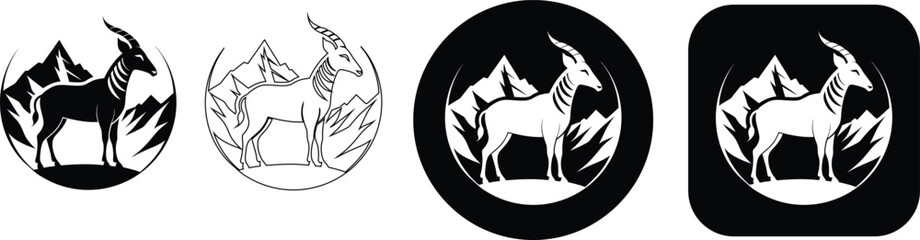 Mountain goat standing on a hill, set of four black and white in different styles for nature and travel themes © SilhouetteStore
