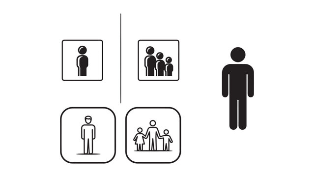 Person icons set with single male figure and family silhouettes in framed boxes for public guidance and identification systems black vector collection.