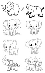 Obraz premium Cute Baby Elephant Coloring Page Set for Kids Activity Book Line Art Vector