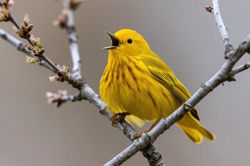 Obraz premium The Yellow Warbler Singing on Bare Branches in a Spring Morning Light