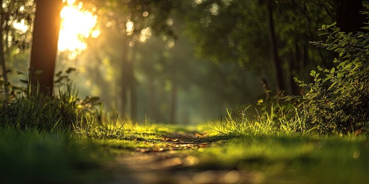 Sunlit forest path through trees with dappled light on the ground