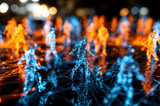 Abstract glowing digital human figures interconnected on a dark grid