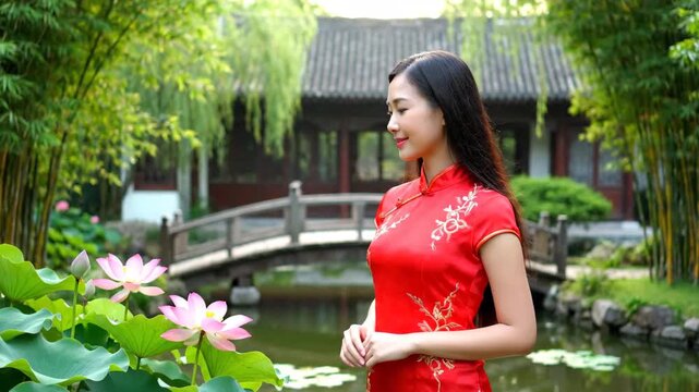 A woman in a cheongsam poses in a Chinese garden, a woman in a red cheongsam
