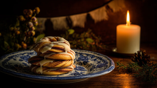 bunting. Danish porcelain plate with blue floral patterns, cinnamon pastries, festive bunting. menu design, packaging mockups, designed for culinary blogs and recipe cards for restaurants.