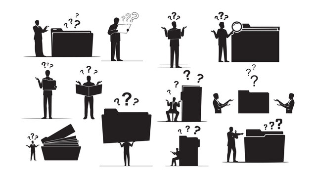 Collection of silhouette figures interacting with folders and question marks representing data analysis office confusion and information management tasks.