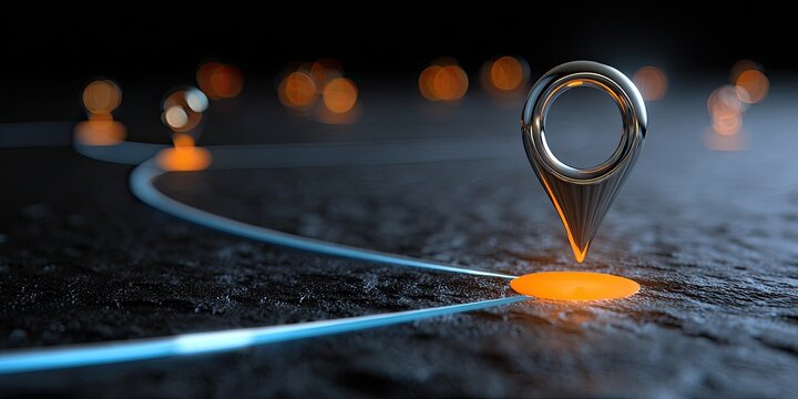 A chrome location pin glows on an orange spot on a dark, textured surface