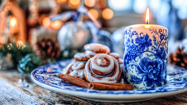 bunting. Danish porcelain plate with blue floral patterns, cinnamon pastries, festive bunting. menu design, packaging mockups, designed for culinary blogs and recipe cards for restaurants.