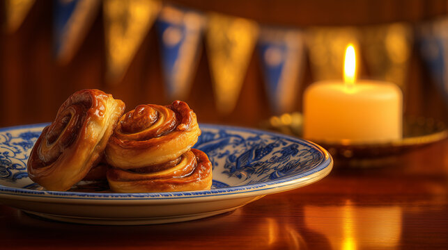 bunting. Danish porcelain plate with blue floral patterns, cinnamon pastries, festive bunting. menu design, packaging mockups, designed for culinary blogs and recipe cards for restaurants.