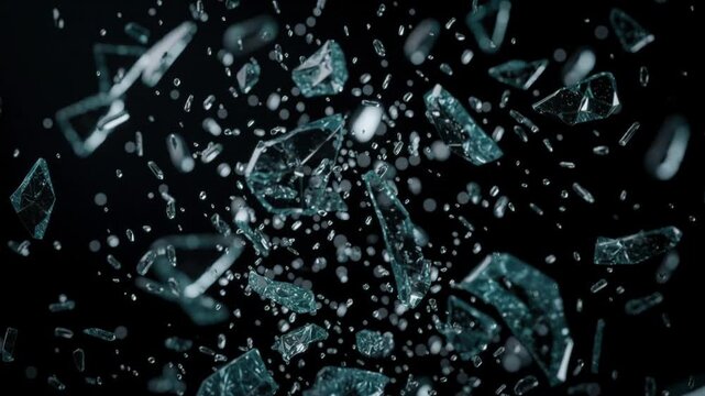 Close up of shattered glass fragments floating in dark space with dramatic lighting and sharp details