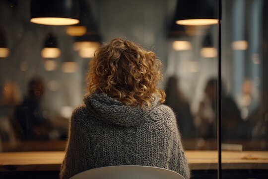 Woman with curly hair sits at a table, facing away from camera, in a bright room