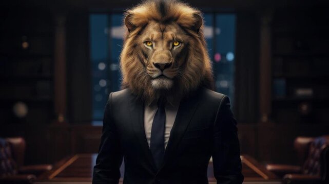 Powerful lion head businessman in elegant suit standing confidently in office with city lights