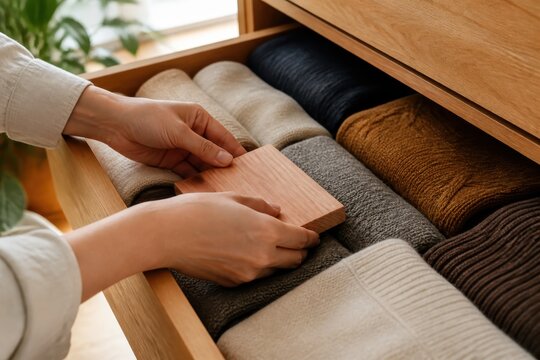 引き出しのニットに防虫剤を入れる手元