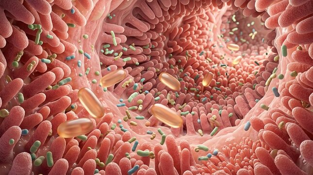 Close-up illustration of the human intestine lining with villi and intestinal flora, including bacteria and probiotic capsules